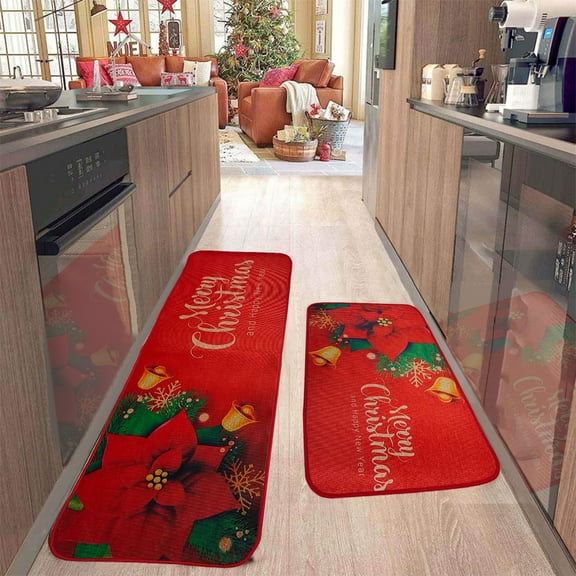 Vikakiooze 2 Pcs Christmas Kitchen Rugs And Mats For Floor Non-Slip Backing Mat Merry Christmas Kitchen Decor Kitchen Rug Sets Xmas Decor (16x24in+16x48in)