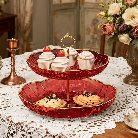 Mouliraty 2-Tier Cupcake Stand, 9.4 Inches Double Layered Fruit Plates Exquisite Household Plates Living Room Coffee Table Candy Plates Upscale Snack Plates Placement Plates, Red