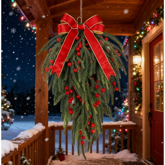 Mouliraty Artificial Christmas Teardrop Swag, PE Red Fruit Christmas Inverted Tree Indoor and Outdoor Bow Decoration Wall Hanging Christmas Tree Door Hanging