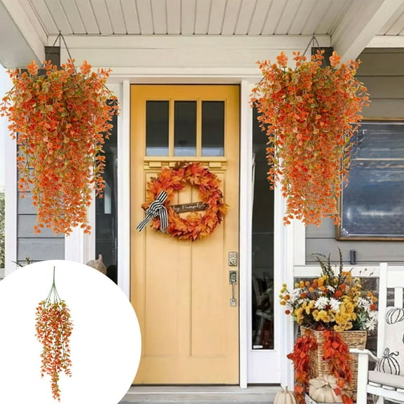 Mouliraty Artificial Fake Fall Hanging Flowers Baskets, Hanging Plants Fall Faux Eucalyptu Leaf Fall Fake Hanging Plants Fall Hanging Vines Faux Fall Plants for Thanksgiving