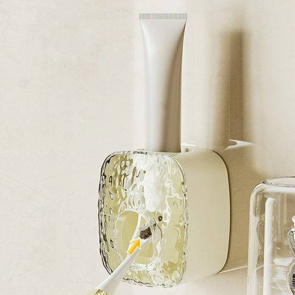 Mouliraty Automatic Toothpaste Dispenser, Wall Mount No Drill Bathroom Organizer Plastic Toothbrush Holders with Squeezer Paste Savers, for Kids and Adults, White