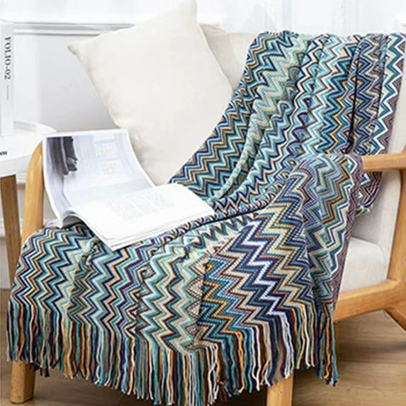 Mouliraty Bohemian Throw Blanket for Couch, Sofa Bed Cover Blanket Decorative Blanket Knit Blanket Office Nap Blanket Air Conditioner Sofa Blanket, Blue