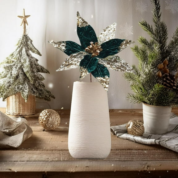 Mouliraty Christmas Artificial Glitter Poinsettia Flowers, 30cm Product Simulated Handmade Christmas Velvet Flower Glitter Sequins Christmas Decorations, Green