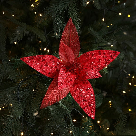 Mouliraty Christmas Artificial Glitter Poinsettia Flowers, Fabric Christmas Flower Simulation Flower Arrangement Christmas Tree Decoration, Christmas Tree Decoration for Wedding Wreath Decor, Red