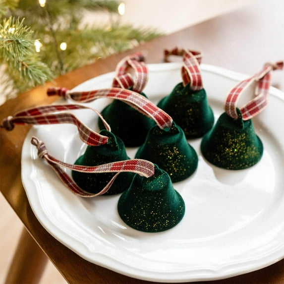 Mouliraty Christmas Bell Ornaments, 6pcs Christmas Pendant-Christmas Tree Decoration Pendant-velvet, Tree Hanging Ornament Metal Jingle Bells for Christmas Holiday Decoration, Green