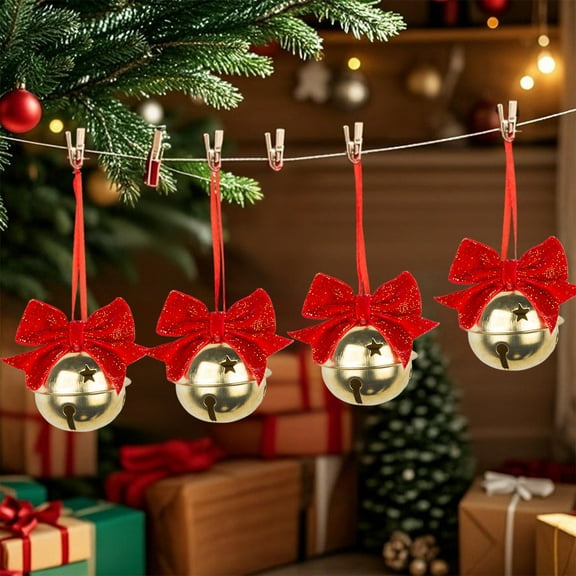 Mouliraty Christmas Bows with Bells, Christmas Tree Bells Ornaments Red Velvet Bowknots Wrought Iron Bells Festive Ambiance Decoration