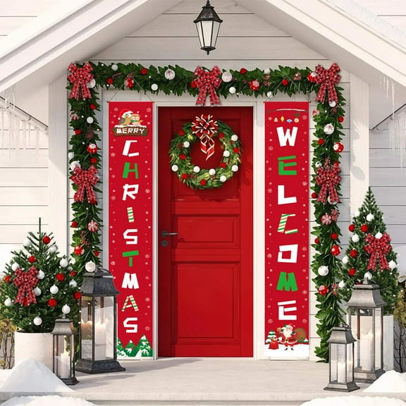 Mouliraty Christmas Decorations Outdoor Yard Front Porch Sign Set, Christmas Couplet Door Curtain Custom Party Decoration Door Cover Christmas Flag Background Cloth, C