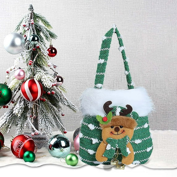 Mouliraty Christmas Bags, Children's Gift Bags Kindergarten Candy Bags Christmas Eve, Knit Santa,Snowman, Reindeer Handbag for Holiday Xmas Party Gifts Wrapping Shopping, Green