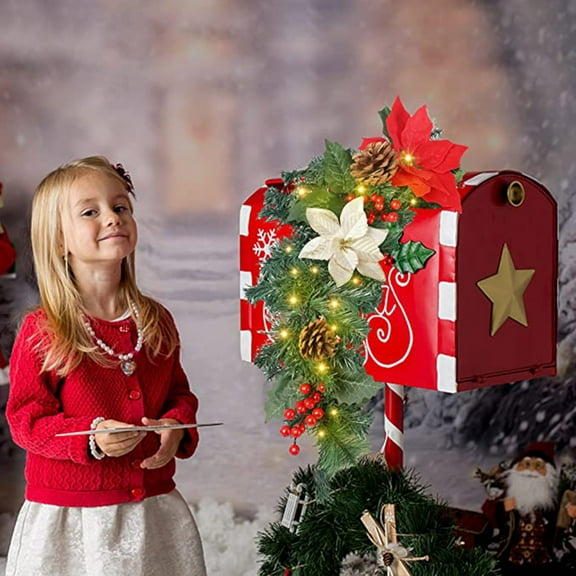 Mouliraty Christmas Mailbox Swag Garland with Poinsettias Flowers, 90cm Christmas Pineapple Mail Box Decoration Home LED Glowing Dead Branch Decoration