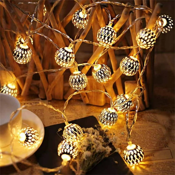 Mouliraty Christmas Moroccan String Lights, 3M Morocan Hollow Metal 20 Silver LED Globe String Lights Battery Powered for Wedding Party, Holiday, Birthday, Home Decor, Christmas Decoration