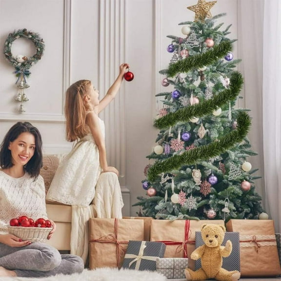 Mouliraty Christmas Tinsel Garland, 118.1in Christmas Woolen Christmas Wreath Green Rattan Pull Ribbon Wedding Holiday Decoration