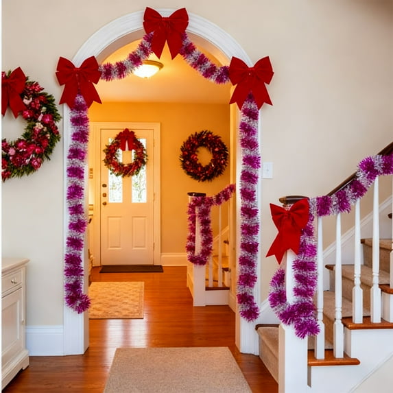 Mouliraty Christmas Tinsel Garland, 90.5in Colorful Wool Striped Christmas Tree Decoration Festive Holiday Indoor Decor for Home Party and Office Scene Setup, Hot Pink