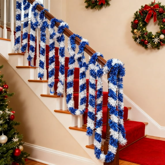 Mouliraty Christmas Tinsel Garland, 90.5in Colorful Wool Striped Christmas Tree Decoration Festive Holiday Indoor Decor for Home Party and Office Scene Setup, Blue