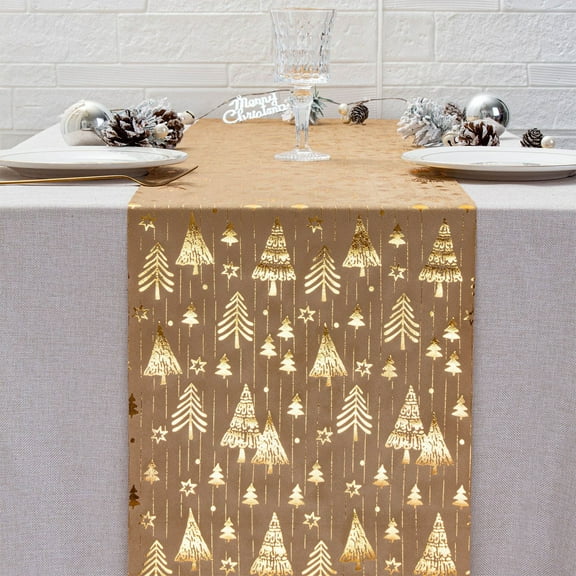 Mouliraty Christmas Tree Table Runner Cloth Hot Gold Velvet Polyester Cotton Table Flag New Year Printed Christmas Holiday Gathering Table Flag