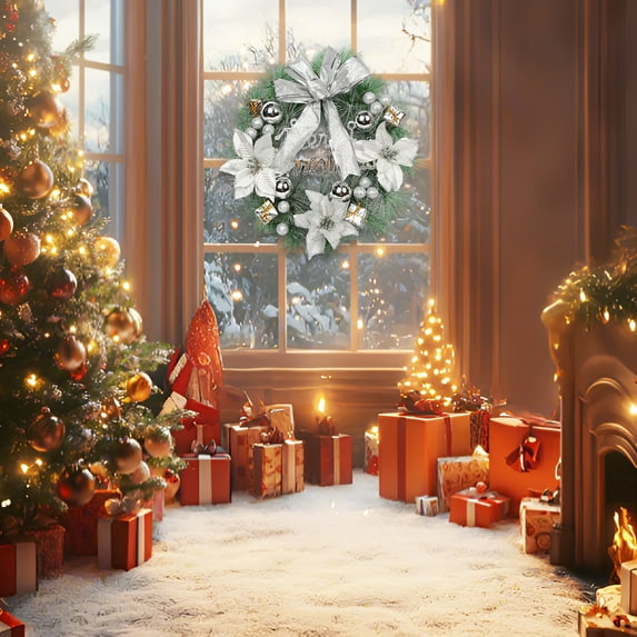 Mouliraty Christmas Wreaths for Front Door, Flower Wreath Door Hanging Wall Hanging Rattan Wreath Atmospheric Scene Decorations Strobiles Handmade Imitation Bow Red Fruit Wreath, White