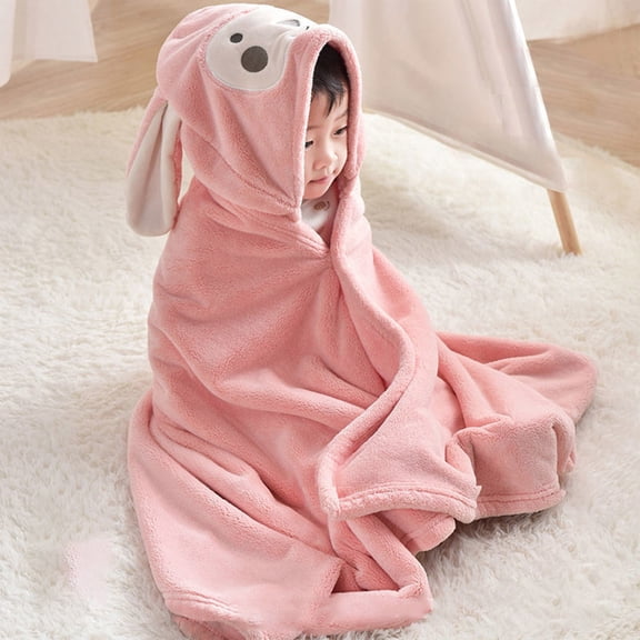 Mouliraty Cute Rabbit Hooded Baby Bath Towel, Short Plush Super Soft and Absorbent, Kin-friendly and Breathable, with Buttons, Can be Worn on the Baby's Body, 25.55×55.11in