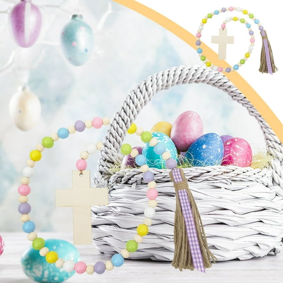 Mouliraty Easter Wooden Bead Garland Farmhouses Decorative Wooden Bead Rosary Tassel Garland Wall Hanging Ornament With Crosses For Tiered Tray