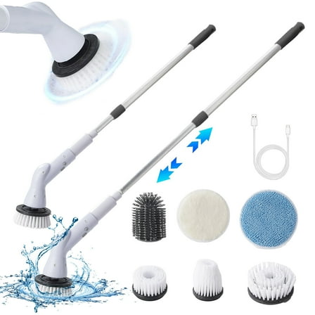 Vikakiooze Electric Spin Scrubbers,38x3.9x19.8 in,,Scrubbers High Speeds Scrubbers with 6 Replaceable Brush Heads And Adjust Extension Handle Power Cleaning Brush for Bathroom Floor Tile