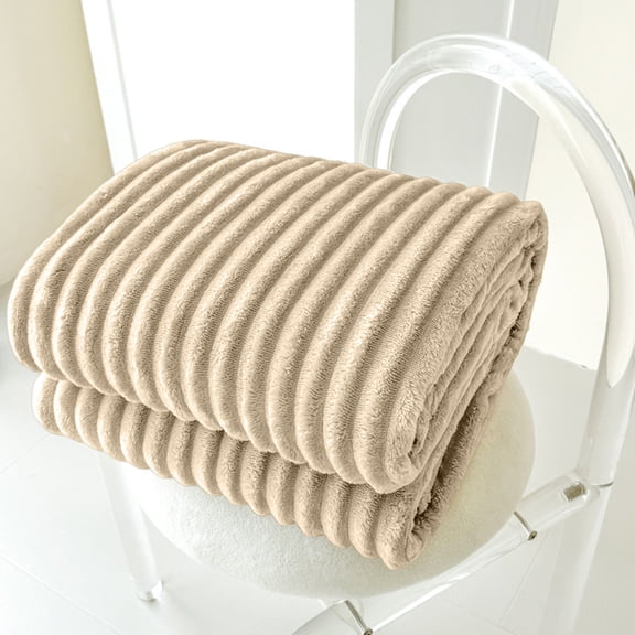 Mouliraty Flannel Fleece Throw Blanket, 59x39.4in Warm and Soft Striped Couch and Bed Blanket Cozy Microfiber Ribbed Sofa Decor for All Season, Coffee