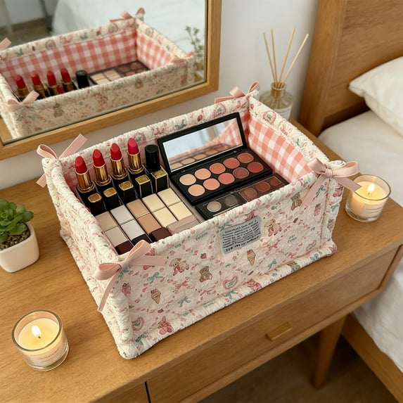 Mouliraty Foldable Storage Basket, 11x7.7x5.5in Small Collapsible Canvas Containers Organizers, Desktop Storage Basket Snack and Sundries Storage Basket Cosmetic Organizer Bag, A