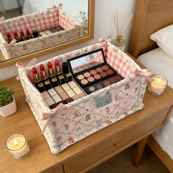 Mouliraty Foldable Storage Basket, 11x7.7x5.5in Small Collapsible Canvas Containers Organizers, Desktop Storage Basket Snack and Sundries Storage Basket Cosmetic Organizer Bag, A