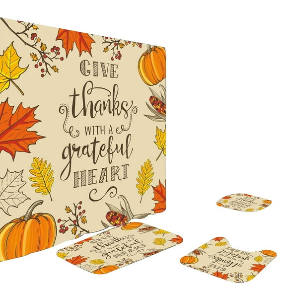 Mouliraty Halloween-Themed Bathroom Set, Rustic Wood Background with Pumpkins & Maple Leaf, Non-Slip Bath Mats & Shower Curtain, Thanksgiving Decorations