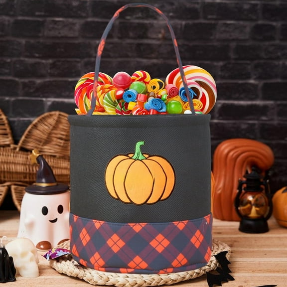 Mouliraty Halloween Trick or Treat Pumpkin Bucket, Embroidered Halloween Theme Pumpkin Ghost Imitation Linen Storage Basket Shopping Mall Indoor and Outdoor Decoration, Black
