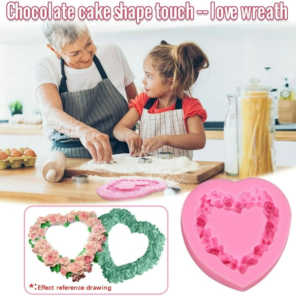 Mouliraty Rose Heart Wreath Fondant Chocolate Candy Silicone Mold Cake Decorating, Valentine's Day Love Wreath Fondant Cake Chocolate