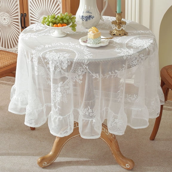 Mouliraty Round Lace Tablecloth, 35.4in Lace Tablecloth Esthetic Ruffled Vintage Table Cover Hollowed-out Non-slide Tablecloth for Home Use Suitable for Everyday Home Decoration, White