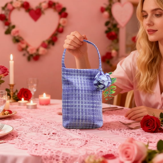 Mouliraty Valentine's Day Canvas Tote, 4.3x10.2 in Day Handbag Flower Packaging Box Fabric Bouquet Flower Arrangement Box, Ideal for Valentine's Day, Weddings Gift Bags, Purple