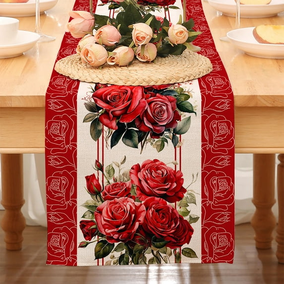 Mouliraty Valentine's Day Table Runner Kitchen Dining Table Decoration For Indoor Home Party Valentine's Day Rectangle Tablecloth Heart Fabric Table Cloth Washable