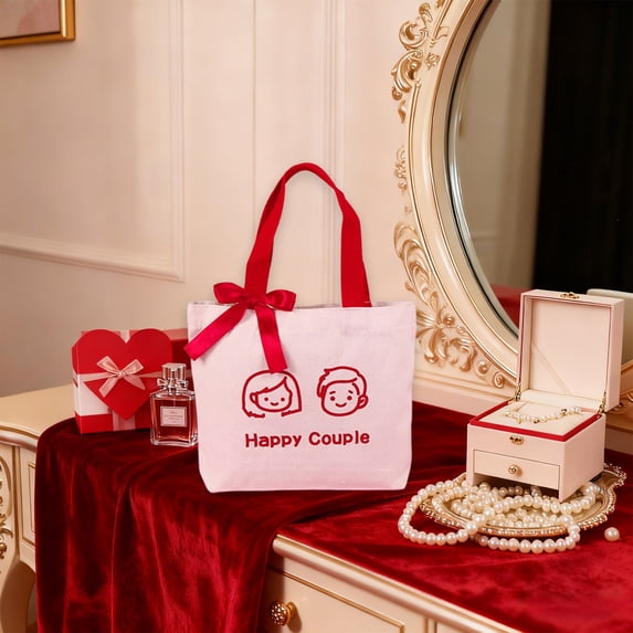 Mouliraty Valentines Canvas Heart Tote Bag, 10.6x8.7in Wedding Souvenirs Wedding Candy Bags Cloth Bags Day Candy Bags, Ideal for Valentine's Day, Weddings Gift Bags