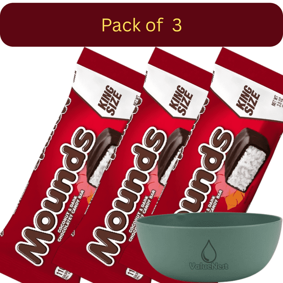 Mounds Coconut & Dark Chocolate King Size Candy Bars 3 Pack, 5.25 oz Total with Bowl by Value Nest