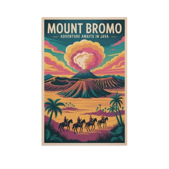 Mount Bromo Adventure Awaits Java Island Vintage Travel Poster Retro Indonesia Volcano Sunrise Wall Art Print Canvas Poster