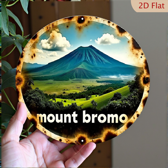 Mount Bromo Indonesia Round Metal Wall Art, 8x8 Inch Vintage Style Landscape Decorative Aluminum Sign for Home Decor, Circular Volcano Scenic Wall Hanging