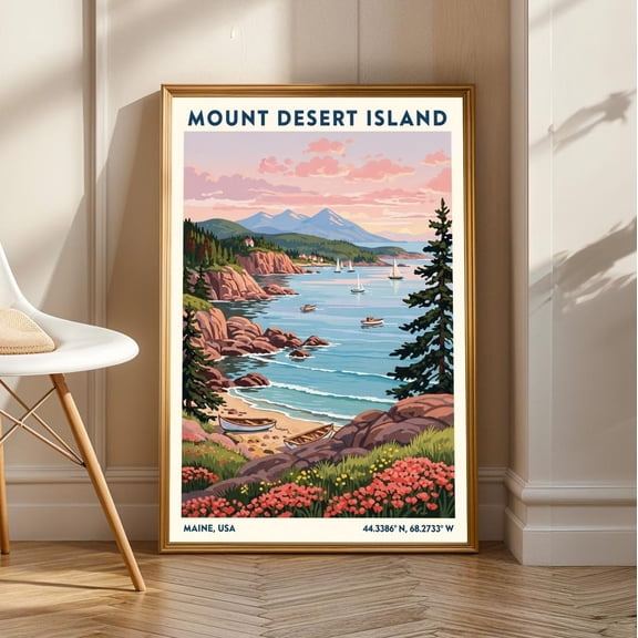 Mount Desert Island Coastal Art Print: Vintage Travel Poster, Unframed Canvas Size 8x12