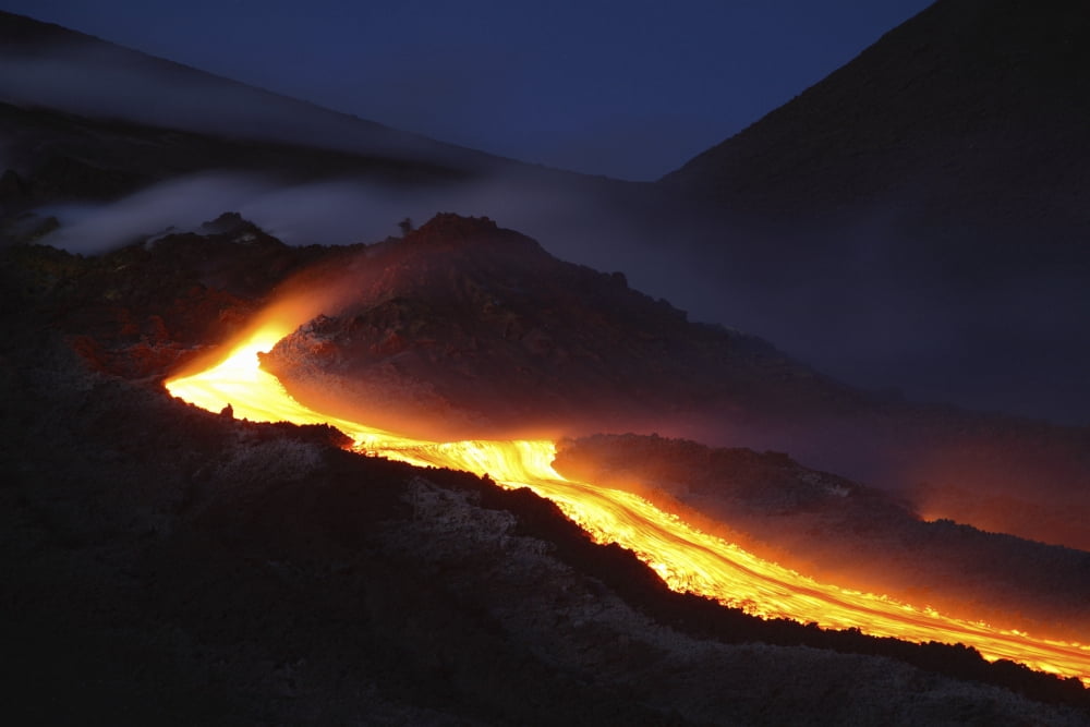 Mount Etna lava flow at night Sicily Italy Canvas Art - Martin RietzeStocktrek Images (17 x 12)