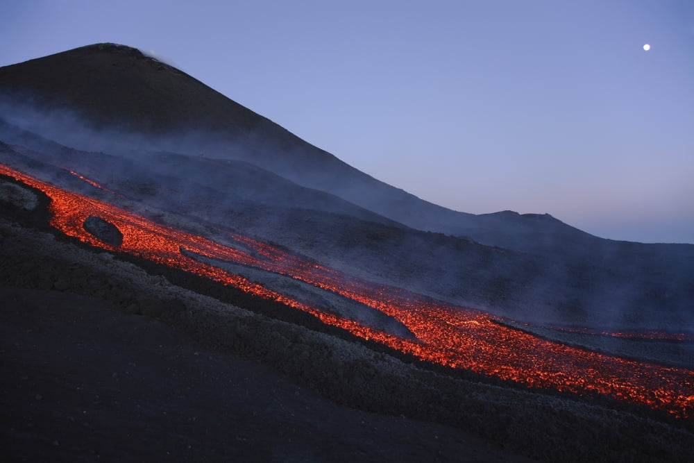 Mount Etna lava flow in evening dawn Sicily Italy Canvas Art - Martin RietzeStocktrek Images (34 x 23)