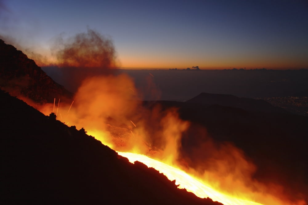 Mount Etna lava flow in morning dawn Sicily Italy Canvas Art - Martin RietzeStocktrek Images (34 x 23)
