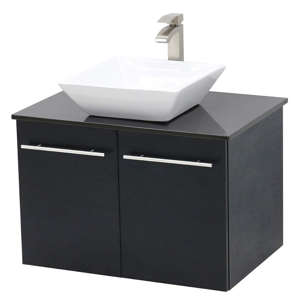 Mount Floating Bathroom Vanity Sink Set. Black Vanity, Black Flat Stone Countertop Ceramic Sink