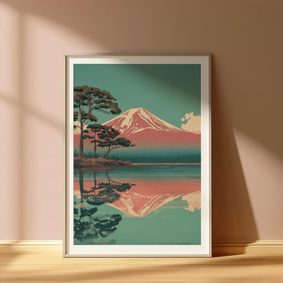 Mount Fuji Abstract Print: Vintage Japanese Travel Poster, Pink Japan Lake Wall Art, Unframed Canvas Size 24x36