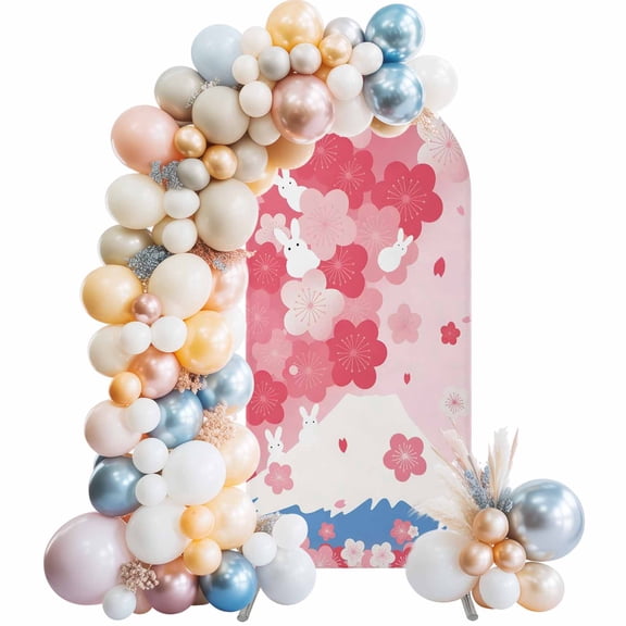 Mount Fuji Arch Backdrop Cover 6 FT Light Pink Cherry Blossom Cute Bunny Japanese Style Stretchy Elastic Arch Stand Covers Spandex Arched Background Birthday Wedding Party Decoration (No Stand)