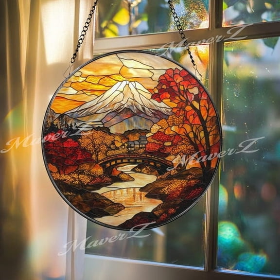 Mount Fuji Autumn Stained Glass Suncatcher, Japanese Fall Landscape Window Hanging, Round Nature Scene Panel, Zen Travel Gift Idea