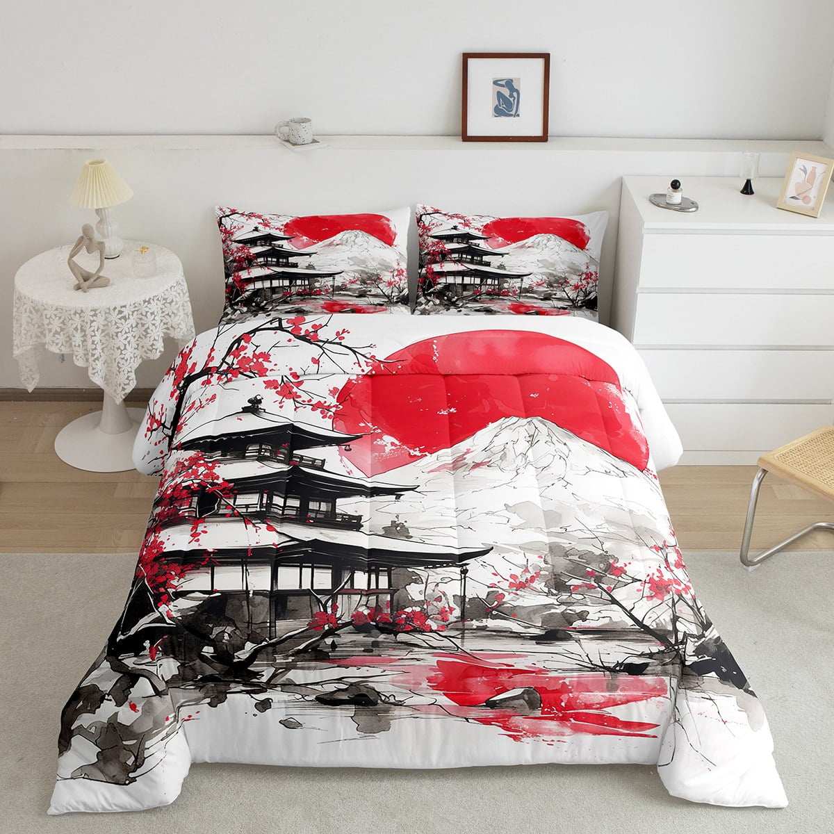 Mount Fuji Bedding Japanese Style Red Sun Bed Comforter Set UkiyoE