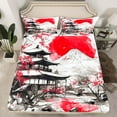 thumbnail image 1 of Mount Fuji Bedding Set Japanese Style Red Sun Bed Sheets Ukiyo-E Theme Fitted Sheet Mountain Cherry Blossom Ink Painting Sheets 2 Pieces with 1 Pillow Case, Twin Size Black White Red, 1 of 5