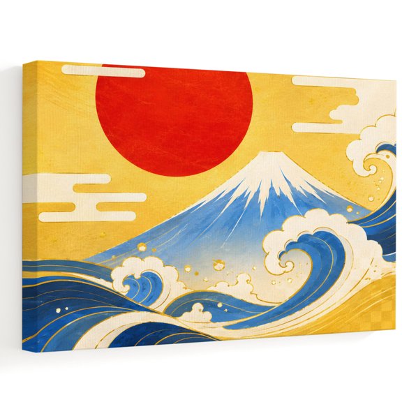 Mount Fuji Canvas Wall Art, Traditional Red Sun Ocean Waves Japanese Landscape Wall Art Prints Artwork Framed Canvas Ready to Hang Art Pictures for Bathroom Bedroom Entry Desk Corner 10" x 8"