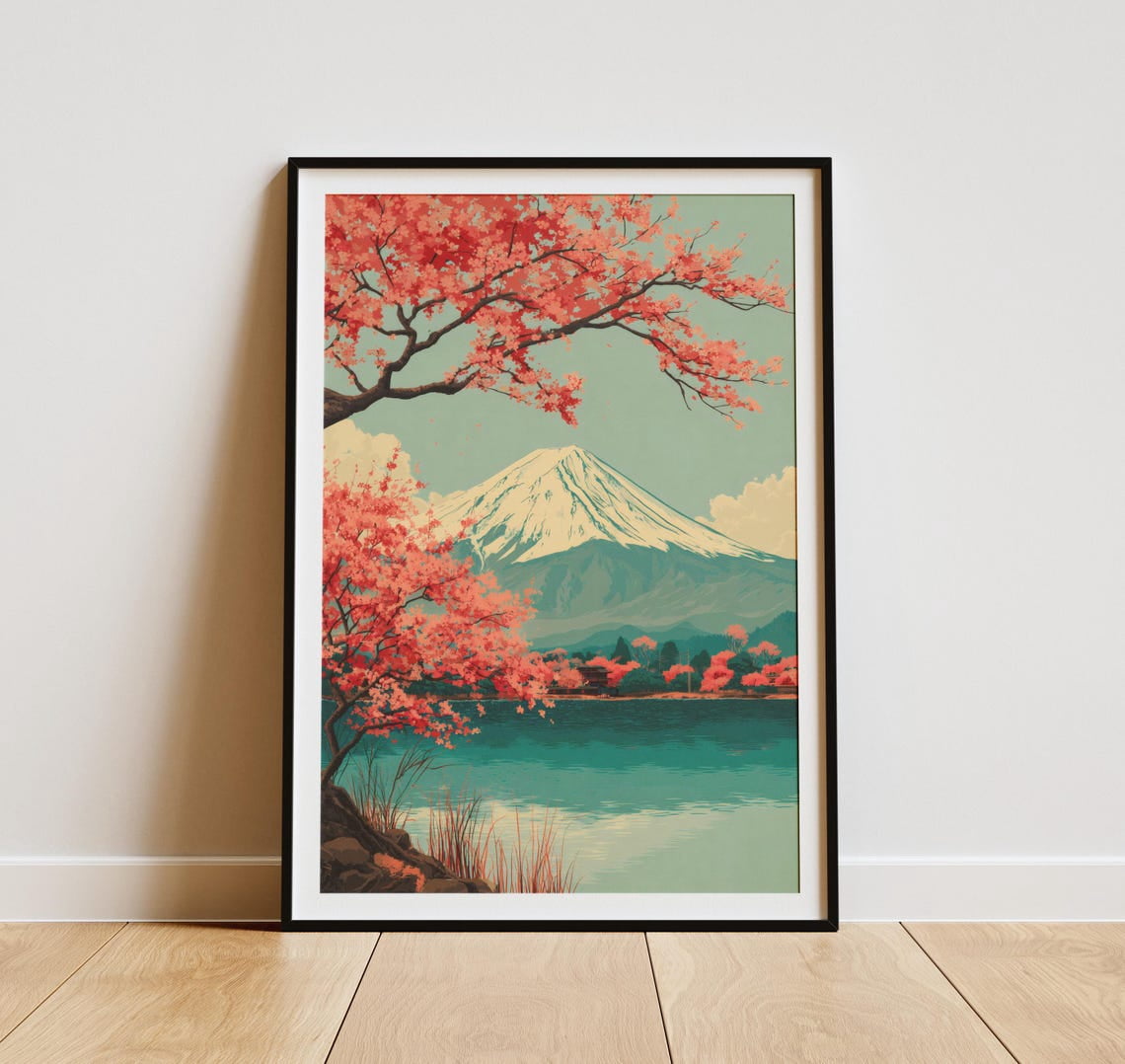 Mount Fuji Cherry Blossom Print, Japandi Landscape Wall Art Home Decor ...