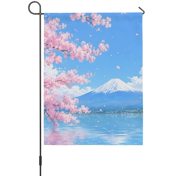 Mount Fuji Cherry Tree House Flags For Outdoor, Japandi Water Reflection Landscape Small Double Side Yard Flags Weather Proof House Decor for Lawn Outside Holiday 28 x 40 Inches
