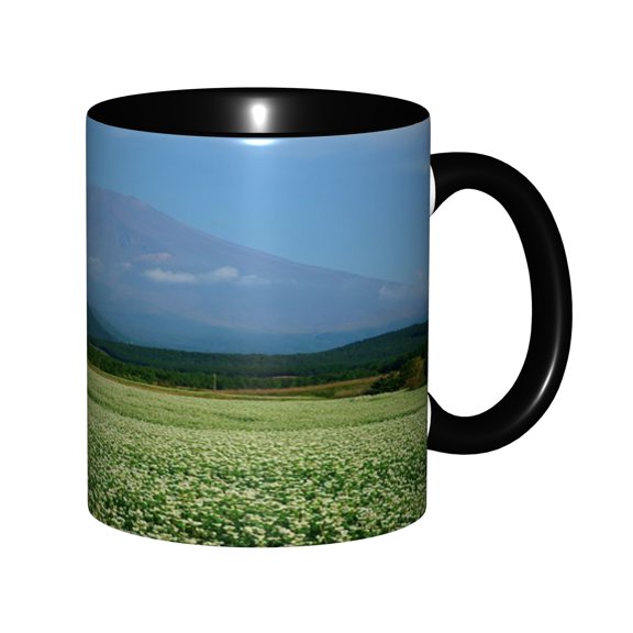 Mount Fuji Clear Bright Blue Sky Endless White Flower Field Green Forest Hills Ceramic Mug 11oz, Iconic Japan Volcano Spring Floral Scenic Cup, Microwave Safe Gift for Japan Travel & Nature Enthusias