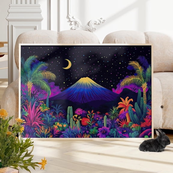 Mount Fuji Colorful Moon Wall Art Surreal Nature Decor, Unframed Paper Print Size 8x12